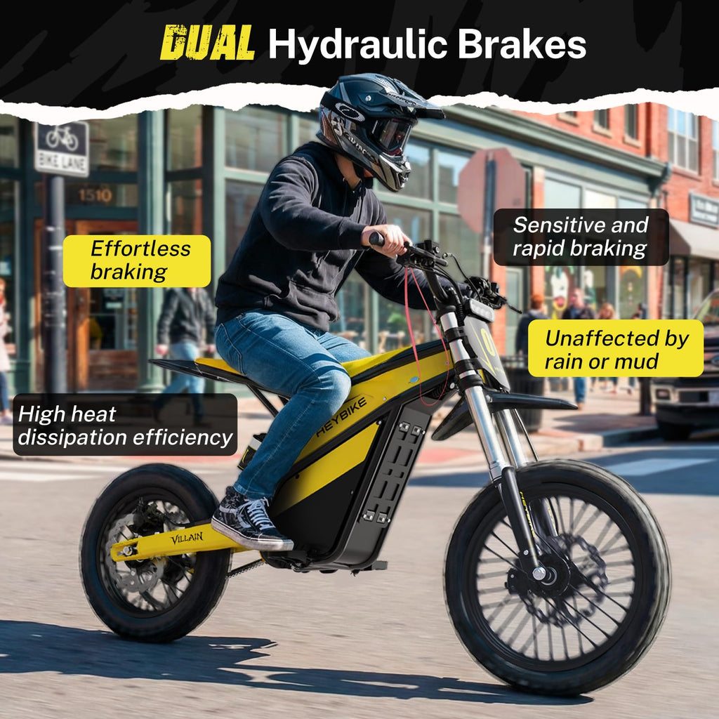 Heybike Villain Electric Dirt Bike with 4160W Motor, 52V 26AH E Dirt Bike, 14/12" Fat Tire Dirtbike with Hydraulic Brakes, Up to 45 MPH & 50 Miles Moped Style Ebike（Standard; Sunflower Yellow）