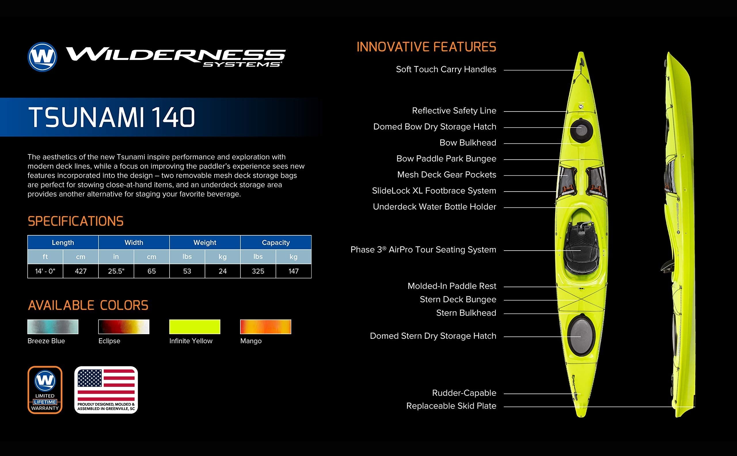 Wilderness Systems Tsunami 140 - Sit Inside Touring Kayak - Multiple Storage Options - Phase 3 Air Pro Seating - 14 ft - Mango