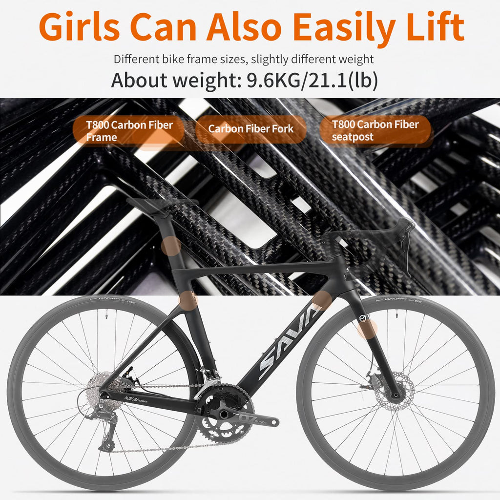 SAVADECK Carbon Disc Road Bike, Integrated Design Racing Bicycle Carbon Frame Carbon Fork with Shimano SORA R3000 Derailleur System 18 Speed Disc Brake Road Bike for Men or Women(White,51cm)