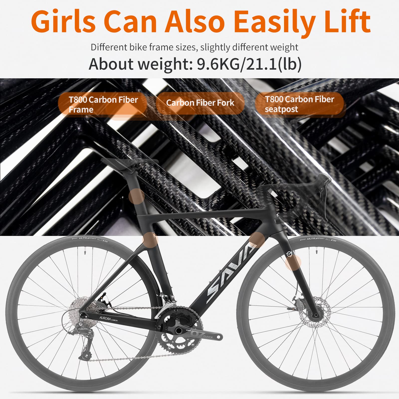 SAVADECK Carbon Disc Road Bike, Integrated Design Racing Bicycle Carbon Frame Carbon Fork with Shimano SORA R3000 Derailleur System 18 Speed Disc Brake Road Bike for Men or Women(White,54cm)