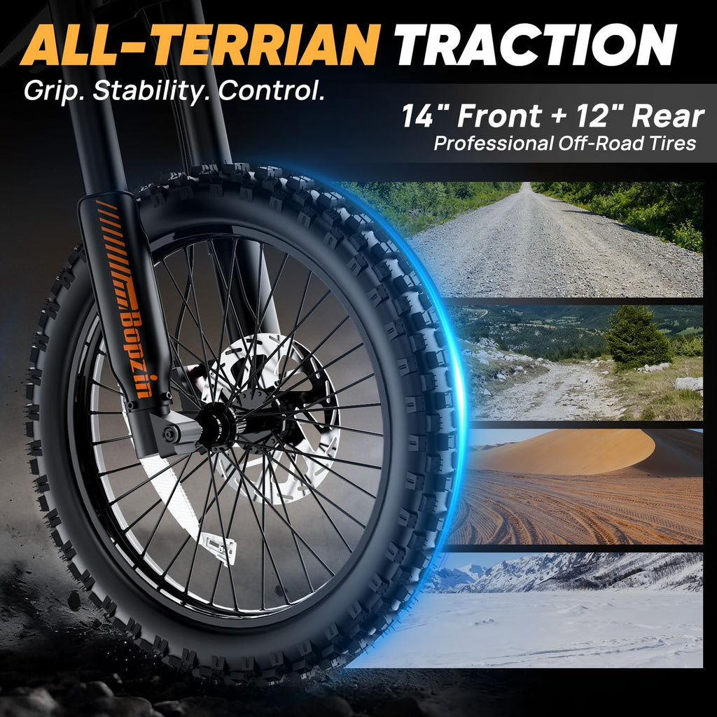Bopzin Electric Dirt Bike for Teens & Adults - Peak 2600W 38MPH, 14"/12" Tires Agile Off-Road eMotorcycle, 60V 23AH 100+ Miles Range eBike, Full Suspension & Hydraulic Brakes, UL2849 Certified