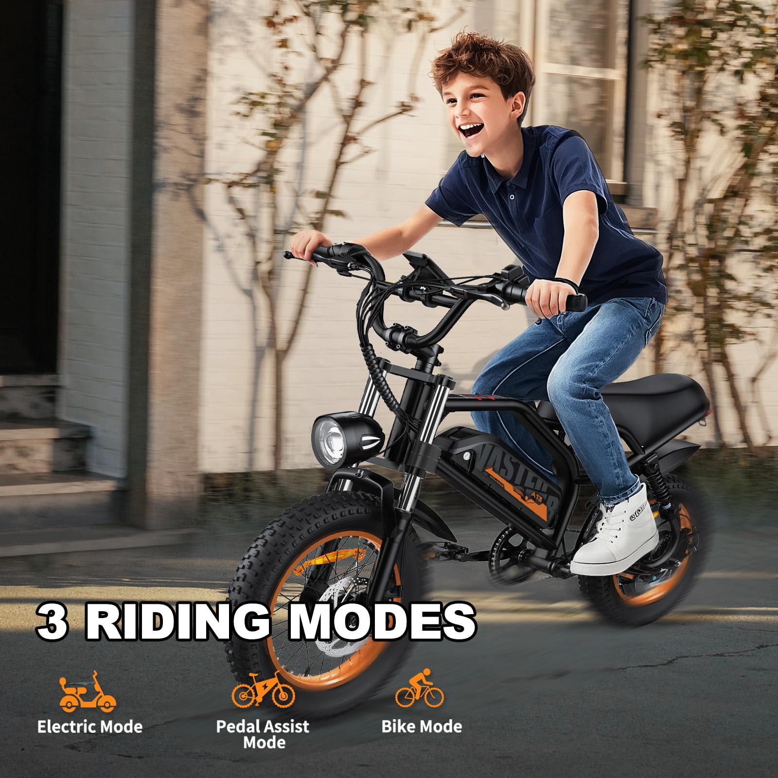 AVDLBIKE Electric Bike, 16'' Fat Tire eBike for Teens/Adults, 500W E-Bike with 36V/12.8Ah Removable Battery, 20MPH 45 Mile Range Commuting Electric Mountain Bike with Dual Dual Brakes-Orange A13
