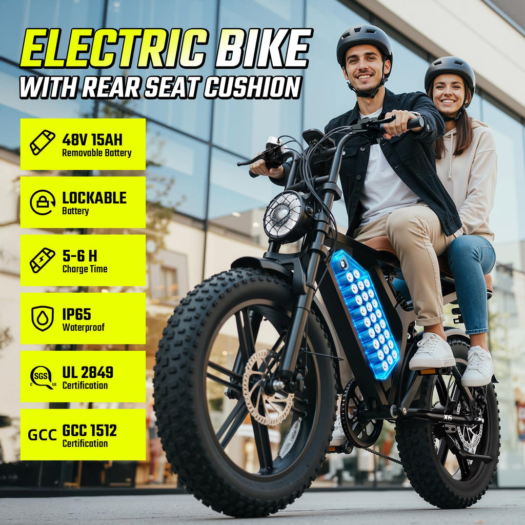 Electric Bike for Adults, Peak 1500W Motor, 30 MPH 60 Miles, 20"x4.0" Fat Tire Retro E Bike, 48V 15Ah Removable Battery, 7-Speed Ebkie for City Commuting, Off-Roading, Mountain, UL 2849 Carbon Black