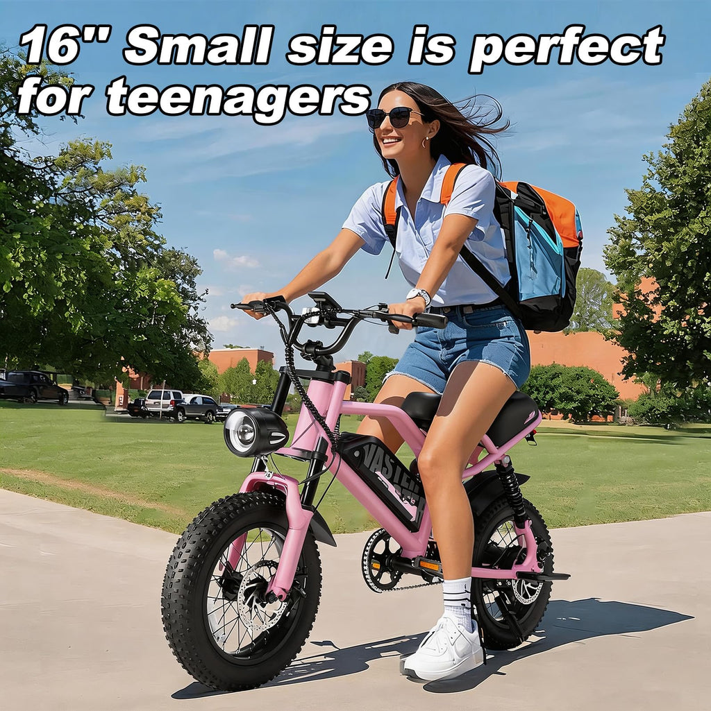 VDL Mountain Electric Bike for Teenager, 16" Fat Tire Ebike, Wider Seat 800W Peak Motor, Removable Battery, Front Fork Suspension, 20MPH, UP to 35 Miles Mountain Ebike, Black-Pink
