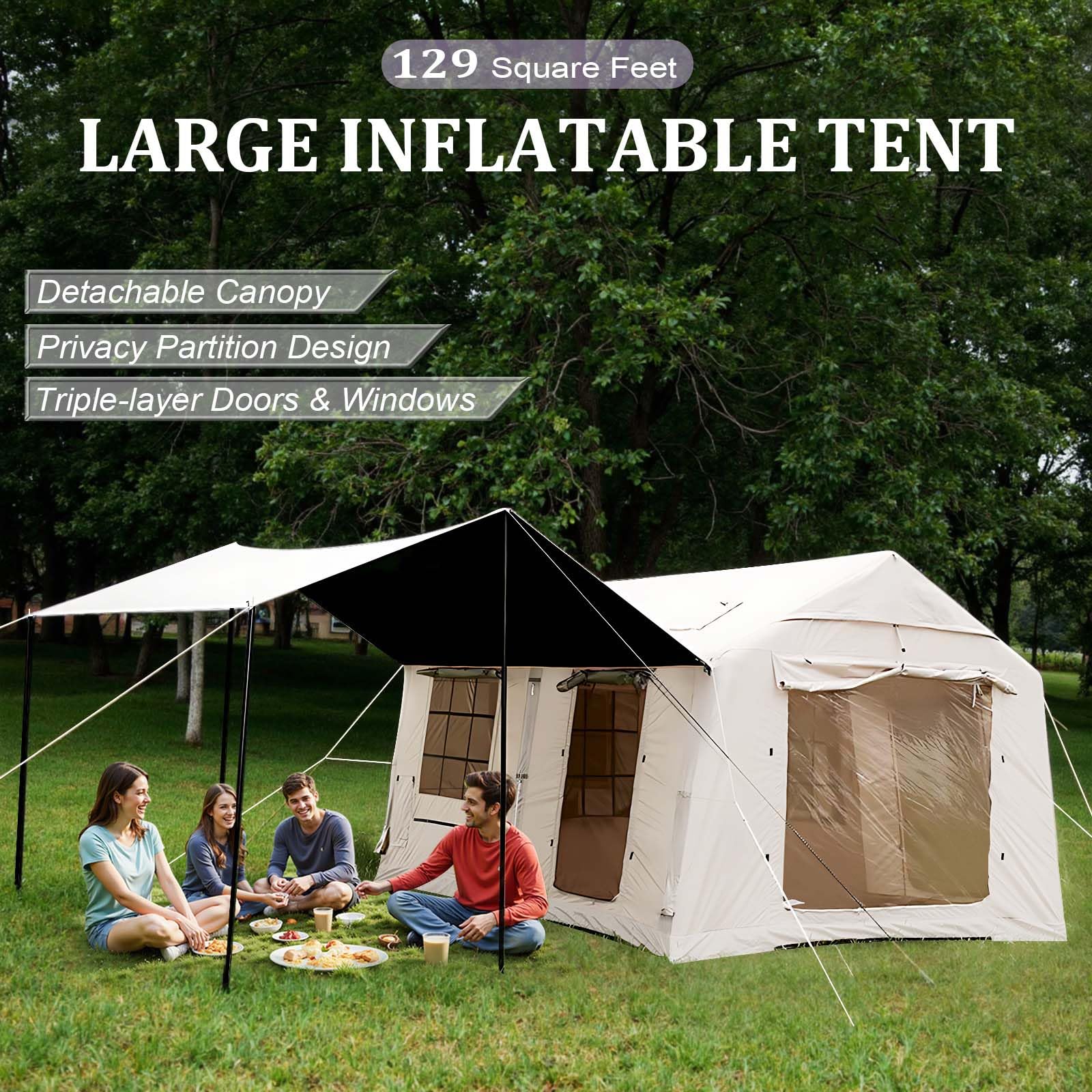 13'x10' Inflatable Camping Tents with Blackout Canopy, Large Inflatable Tent 10-12 Person, 4 Season Blow up Tents for Camping with Stove Jack, Waterproof Inflatable Hot Tent for Camping Outdoors