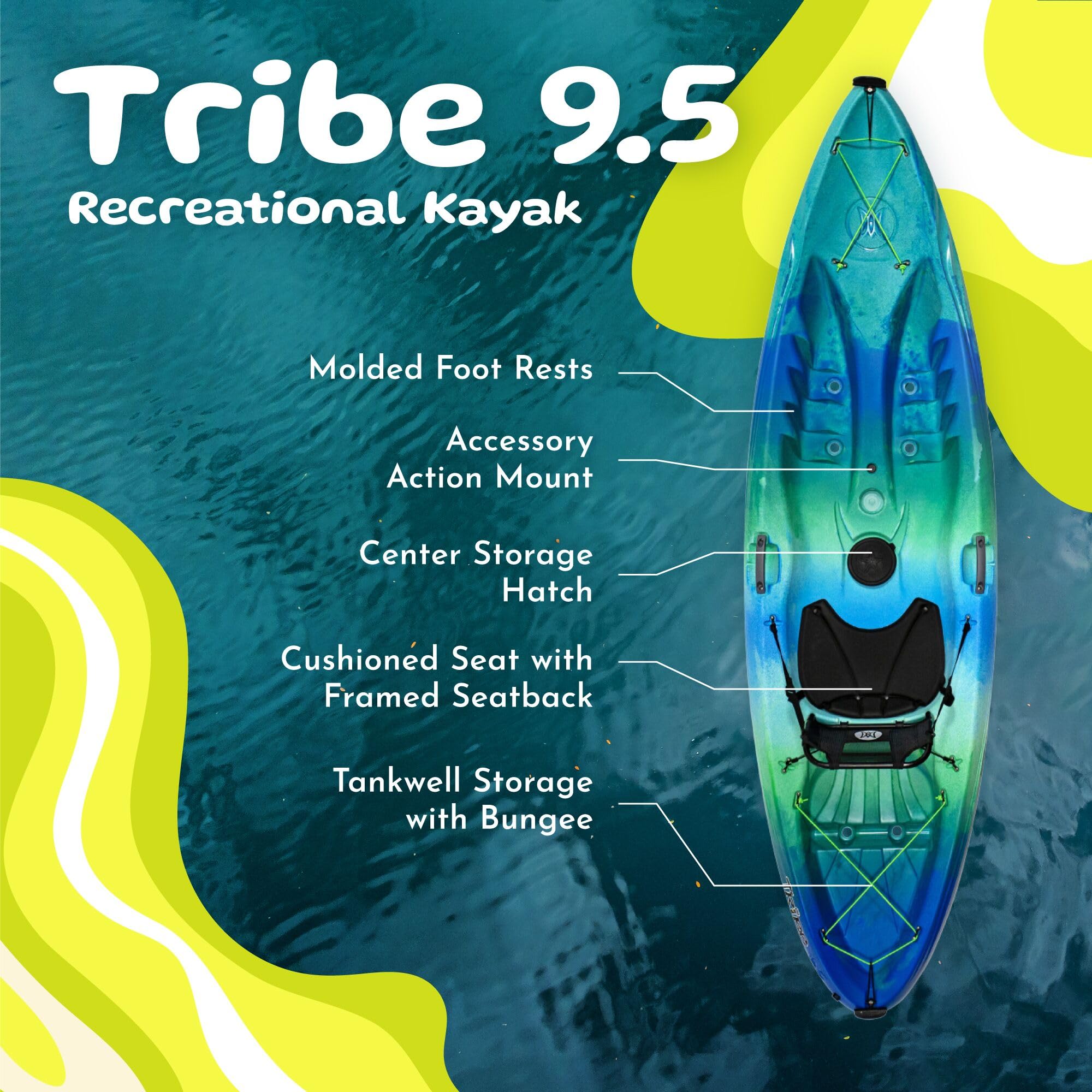 Perception Tribe 9.5 - Recerational Kayak Sit on Top - Large Rear Storage with Tie Downs - 9.5 ft - Déjà Vu