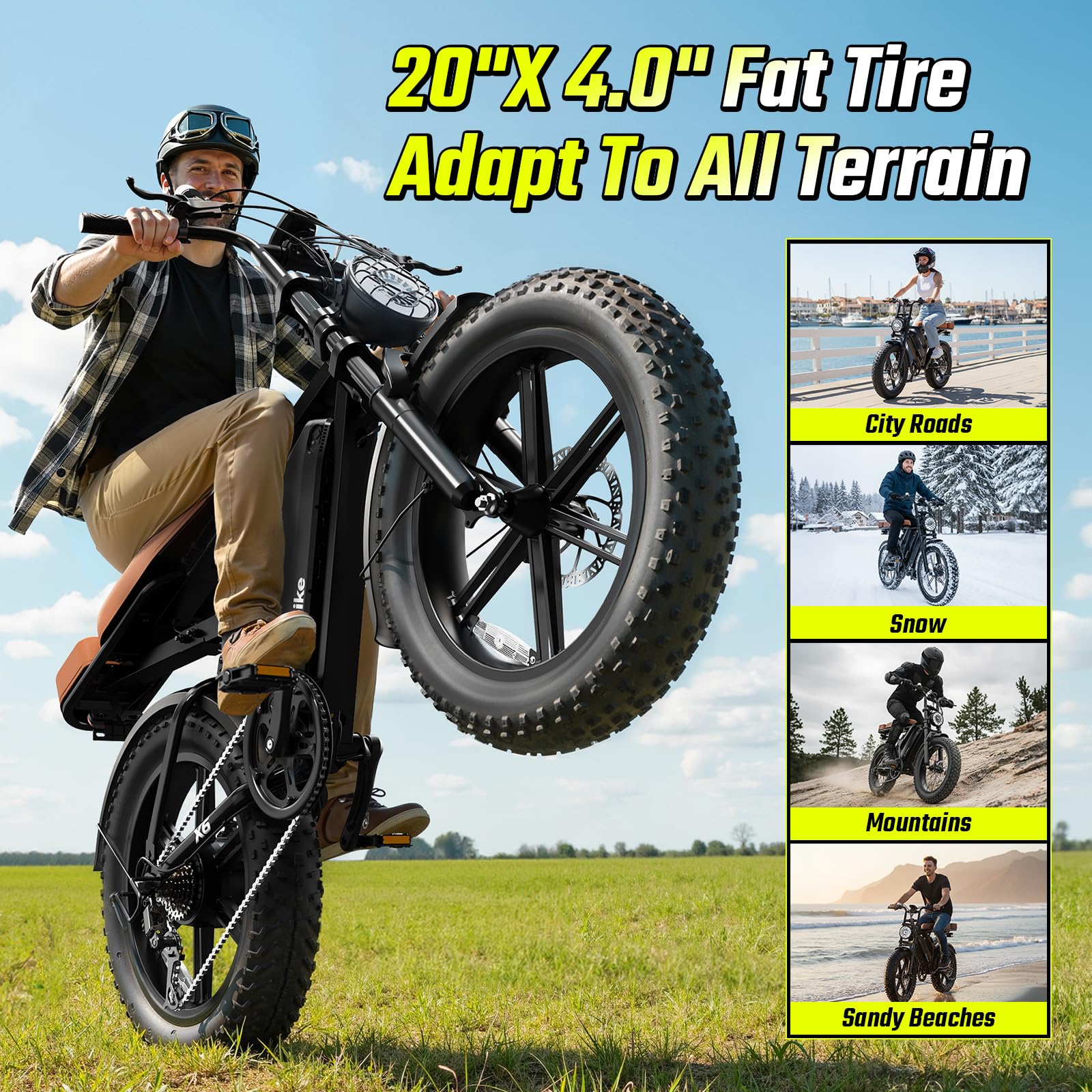 SISIGAD Electric Bike for Adults, Peak 1500W Motor, Range 70Miles, Fat Tire 20" Retro Ebike, 48V 15Ah Removable Battery, 7-Speed E Bike for City Commuting, Off-Roading, Mountain, UL 2849 Dark Black