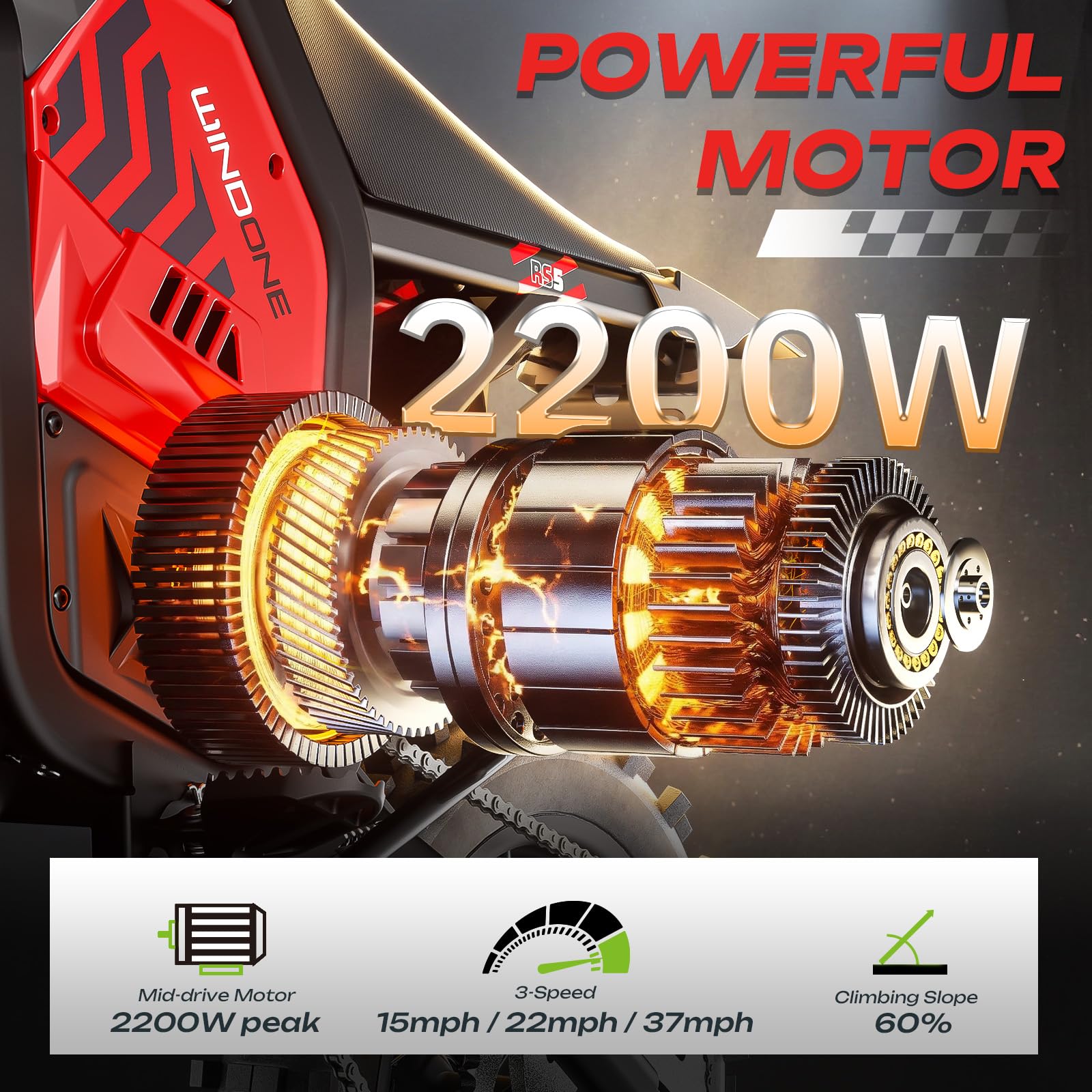 WindoneRide RS5 Electric Dirt Bike, 2200W 37MPH Electric Motorcycle, 48V/22.5Ah Battery Ebike, Full-Suspension Off-Road Mountain E Dirt Bike, Dual Hydraulic Brakes, Red