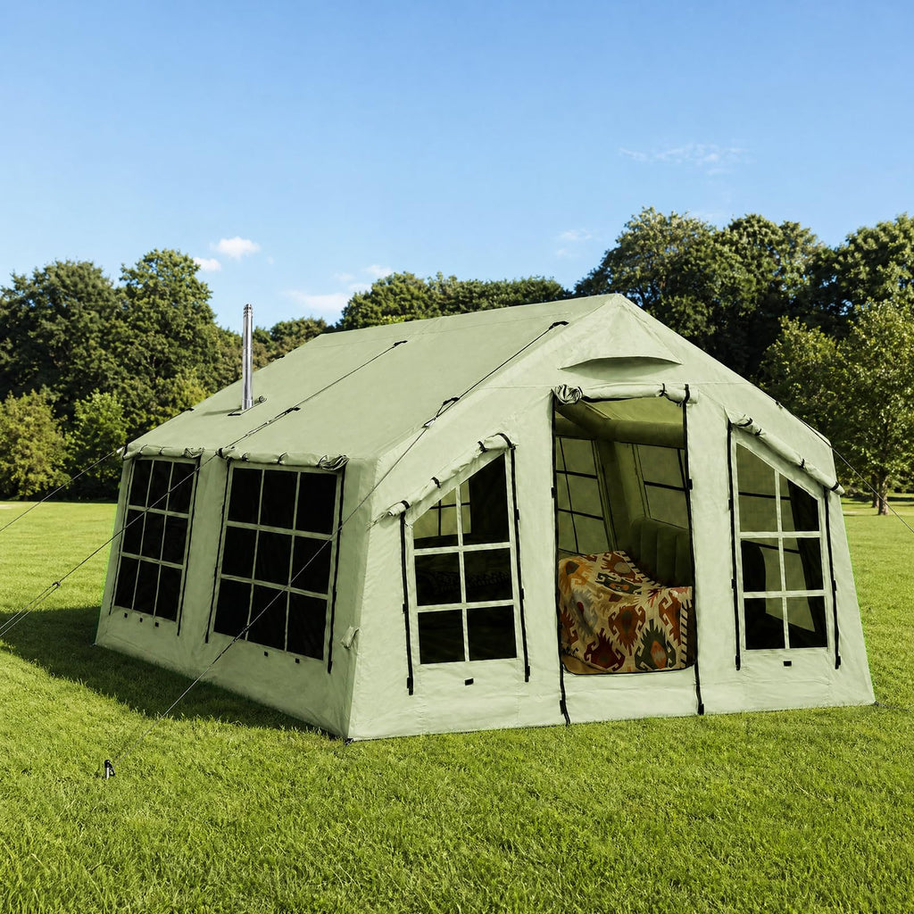 KNUO 2026 Upgraded 100% Waterproof Inflatable Camping Tent for 6~8 People, Large Blow-Up Air Tent, No Assembly Needed Luxury Glamping House, 12x15ft Oxford Fabric, Green