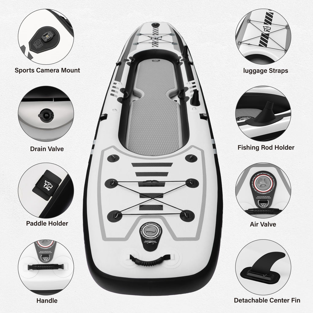 TIGERXBANG 12'8" Inflatable Tandem Kayak, Fishing & Touring, 2 Seats, Adjustable Paddle, Perfect for Family Adventures & Fishing, Includes Backpack & Repair Kit