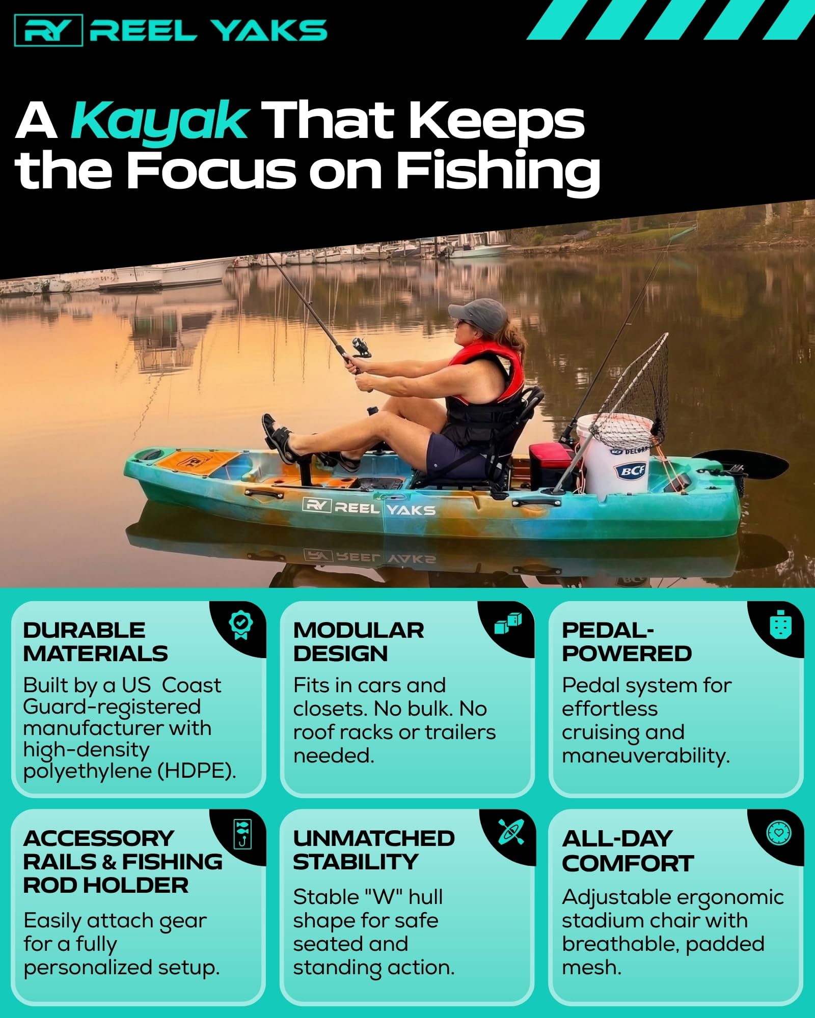 Reel Yaks Radar Modular Fishing Kayak - Propeller Drive, 9.5ft, 400 lbs Capacity, Sunrise - Pedal Fishing Kayaks for Adults & Youth, Sit on Top, Compact Storage, Lightweight, Durable, Easy Transport