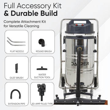 Dapper Supply Wet/Dry Vacuum Heavy Duty 21 Gal. 222 CFM 120V with Attachments New