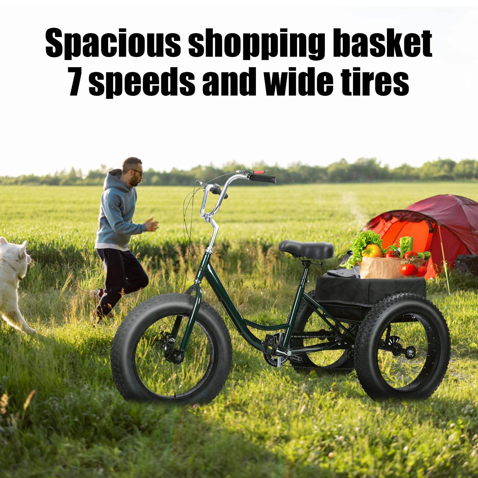 Snabcibs Adult Tricycle with 7-Speed Gear & 20" Fat Tires - Heavy Duty 450lbs Capacity 3 Wheel Bike for Adults/Seniors, Front/Rear Disc Brakes with Spacious Shopping Basket (Black)