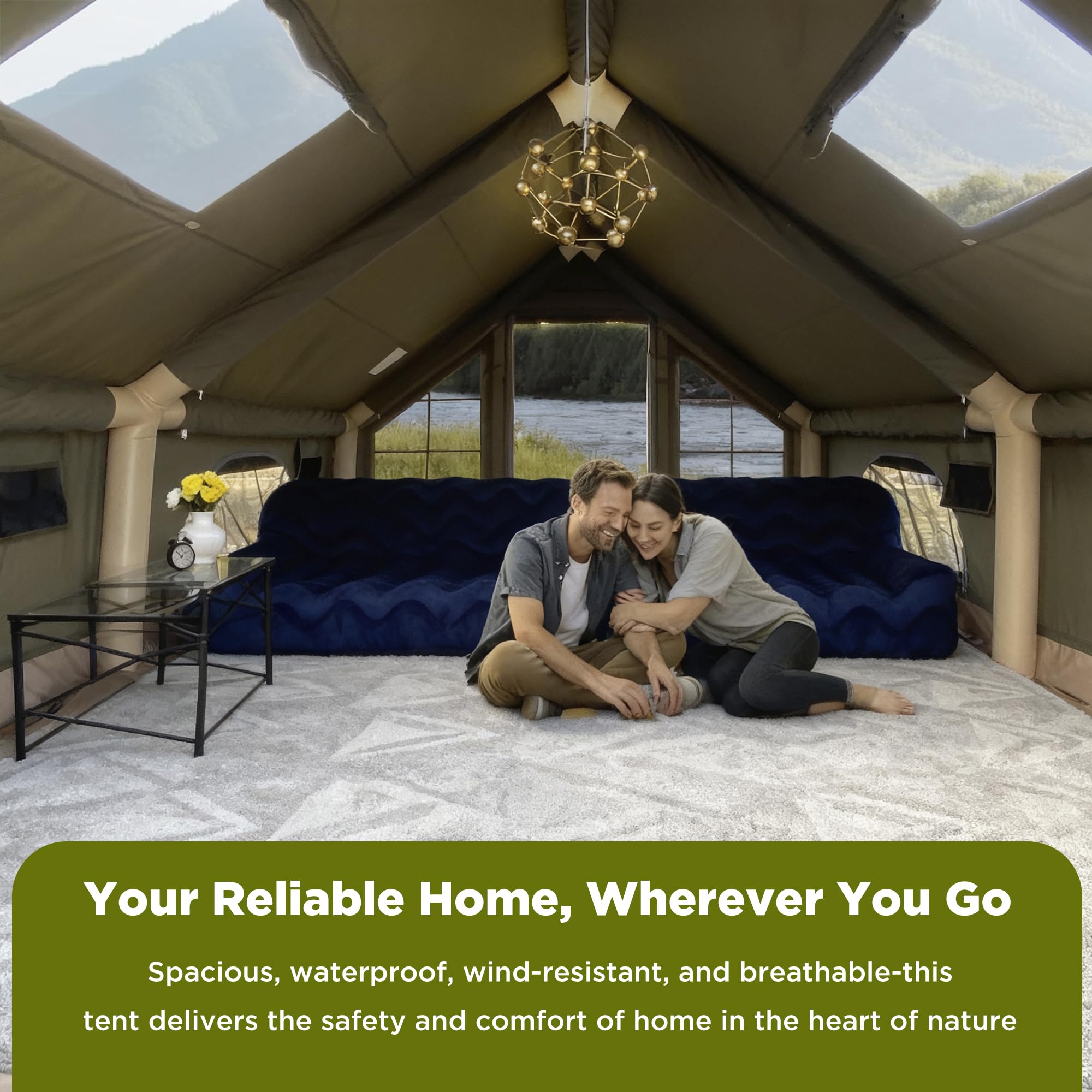 Large Luxury Inflatable Camping Tent, Technology Cotton Canvas Tent for 4-6-8-10-12 People | Breathable and Waterproof Tent with Skylight and Stove Jack, Suitable for Family Camping of 12 ㎡