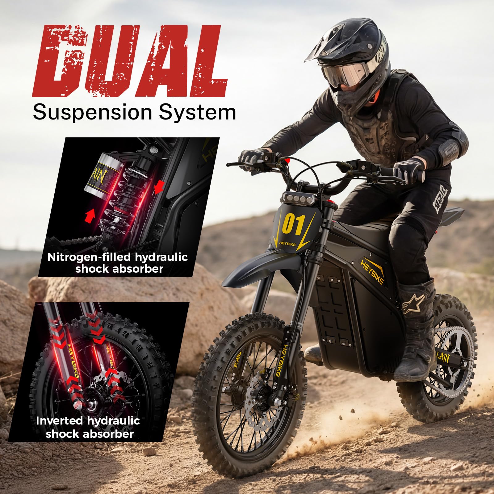 Heybike Villain Dirtbike, 14" Fat Motorcycle for Teens, Fit Age 13+（Set of 2; Dark+Yellow）