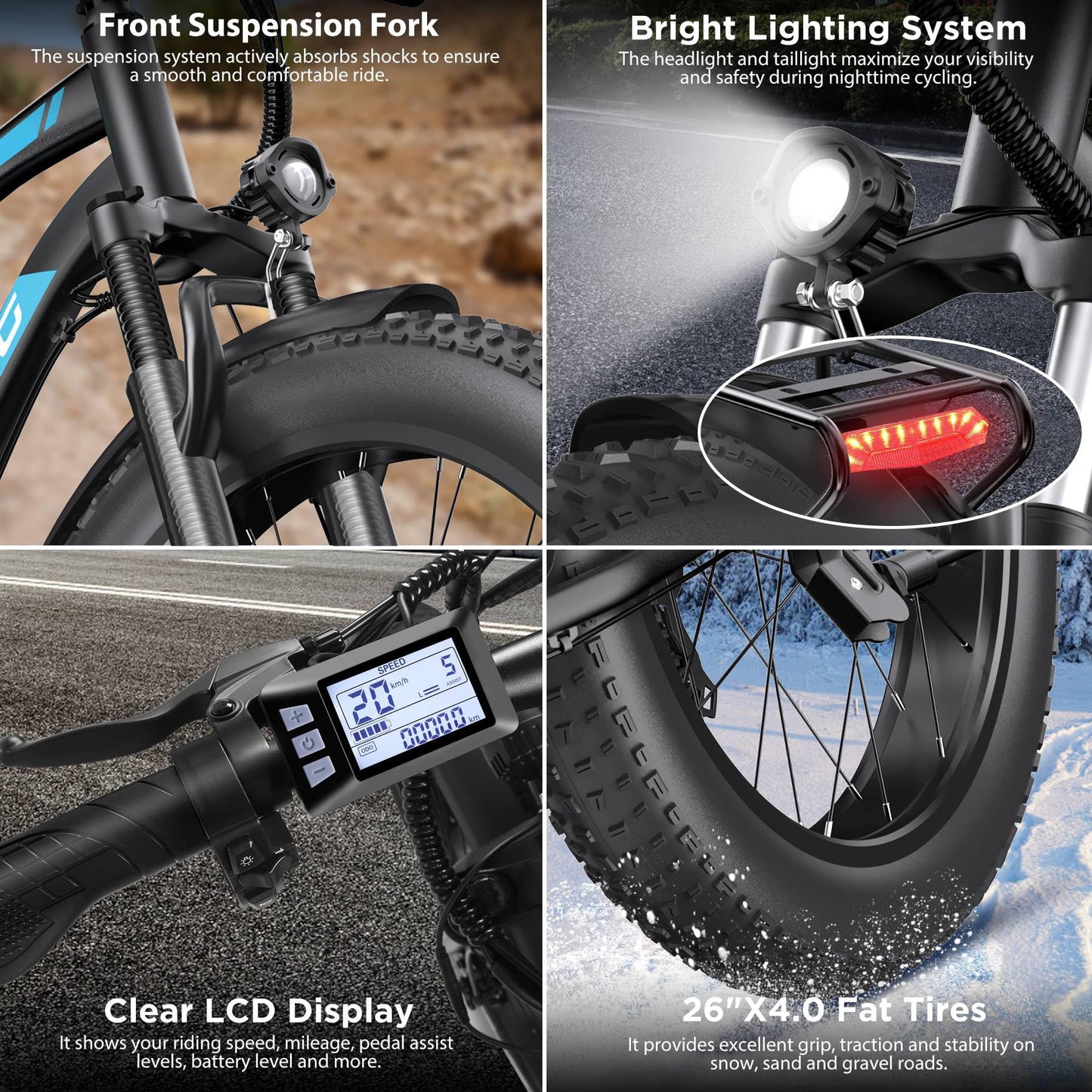 Funhang Electric Bike for Adults, 1000W Peak Ebike, 20MPH 60Miles Electric Mountain Bike, 26" Fat Tire Electric Bicycle with 48V 13AH Battery, Front Suspension,7 Speed, Rear Rack, UL 2849 Certified