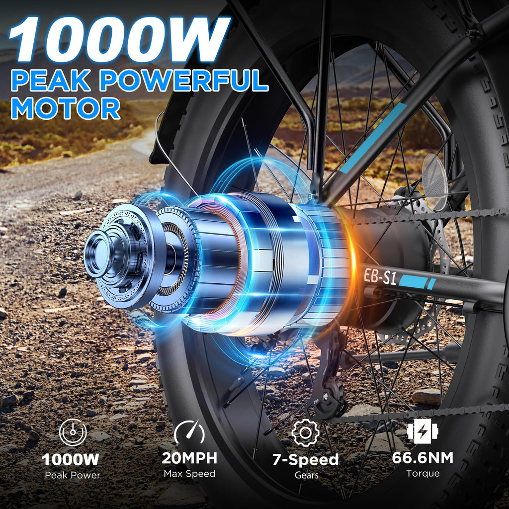 Funhang Electric Bike for Adults, 1000W Peak Ebike, 20MPH 60Miles Electric Mountain Bike, 26" Fat Tire Electric Bicycle with 48V 13AH Battery, Front Suspension,7 Speed, Rear Rack, UL 2849 Certified