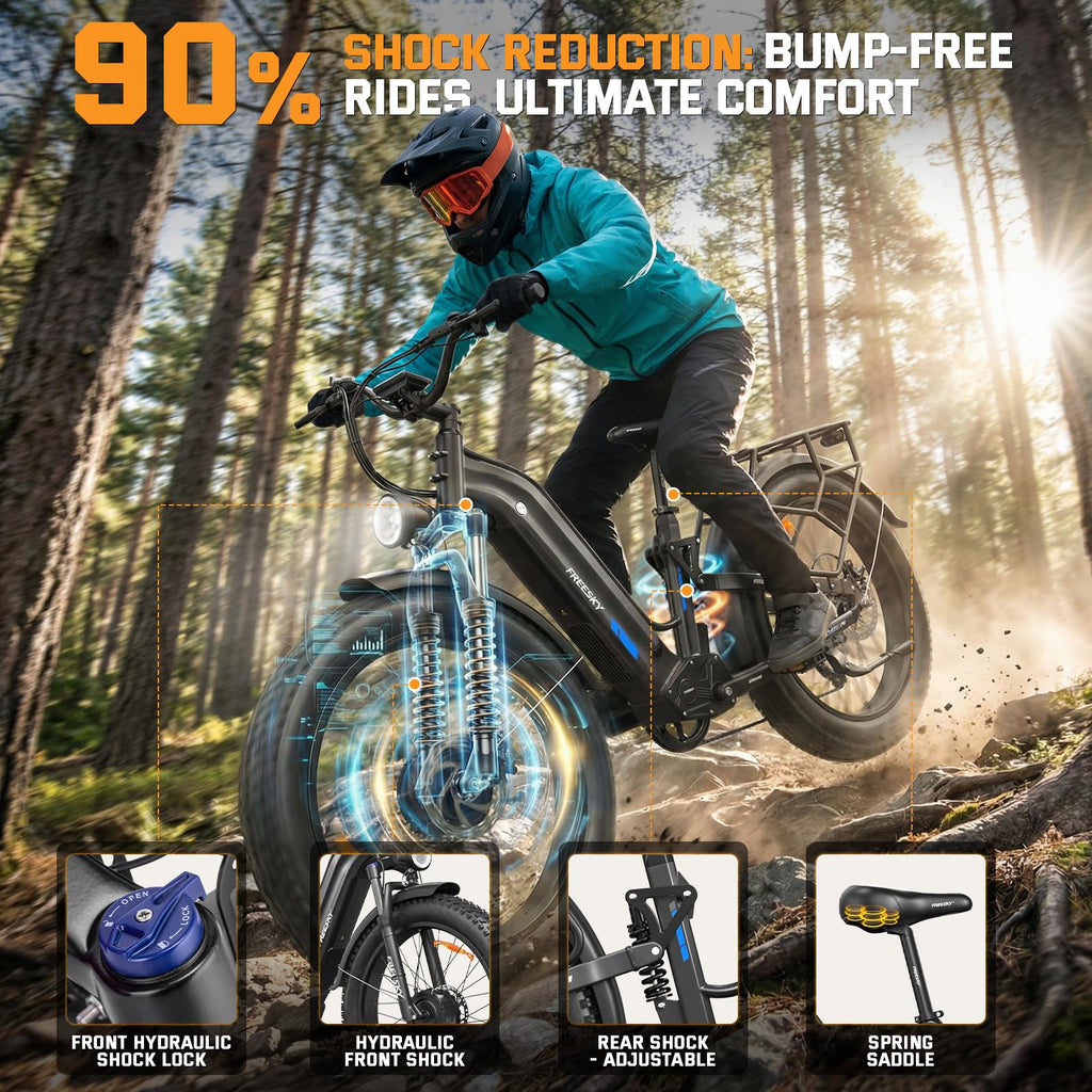 FREESKY Dual Motor Electric Bike for Adults 3500W Fast Ebike 105Miles Long Range 48V 25A Electric Mountain Bike 34MPH Dirt E Bike 26'' Fat Tire Full Suspension Electric Bicycle for Women/Man Black