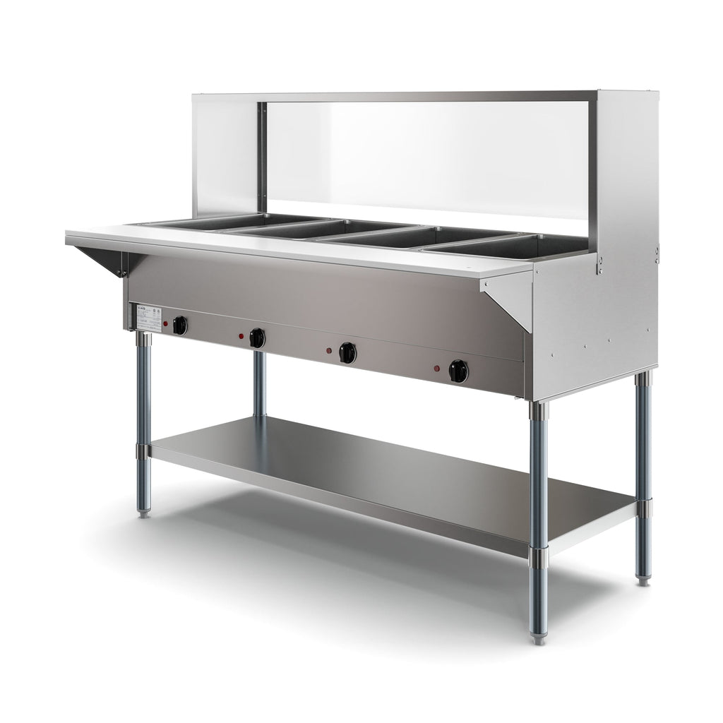 Four Pan Open Well Electric Steam Table with Undershelf and Sneeze-Guard