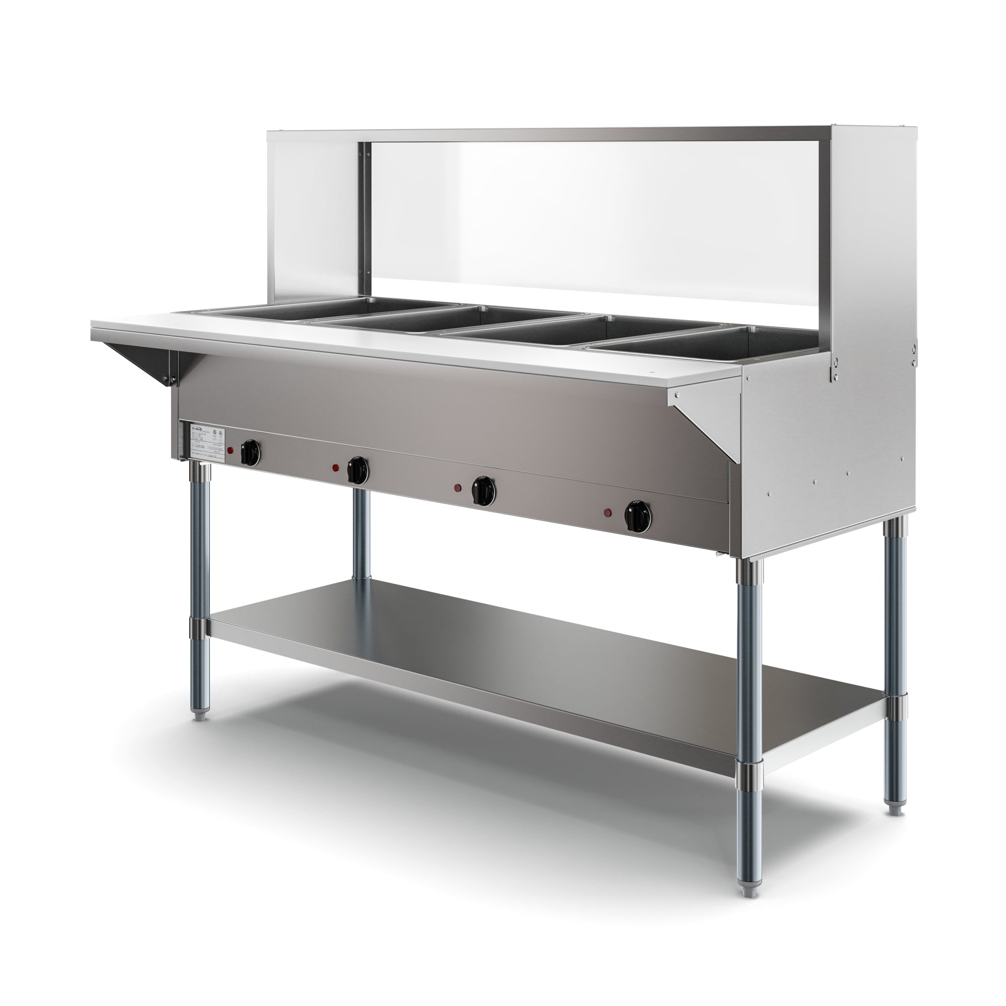Four Pan Open Well Electric Steam Table with Undershelf and Sneeze-Guard