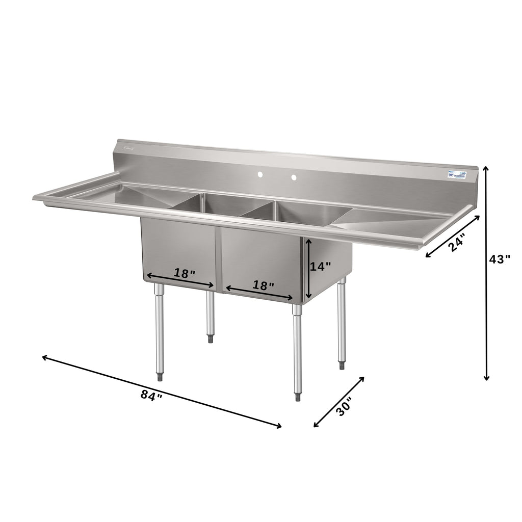 84 in. 18-Gauge 2-Compartment Commercial Sink with Backsplash and 24 in. Dual Drainboards, Bowl dimensions 18"x24"x14" in Stainless-Steel