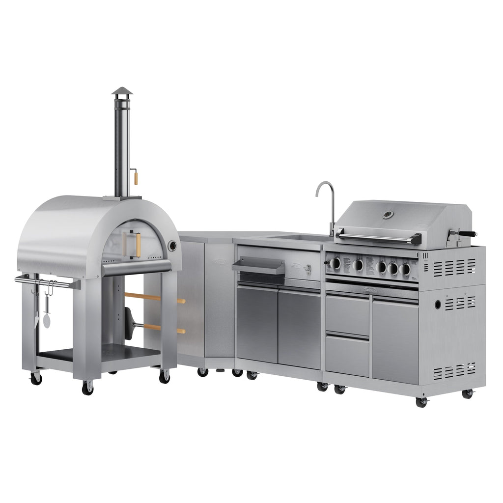 KoolMore Outdoor Kitchen Series Modular Kitchen with a Wood Fire Pizza Oven, Corner Cabinet, Sink, 30 in. BBQ Grill and Cabinet in Stainless-Steel