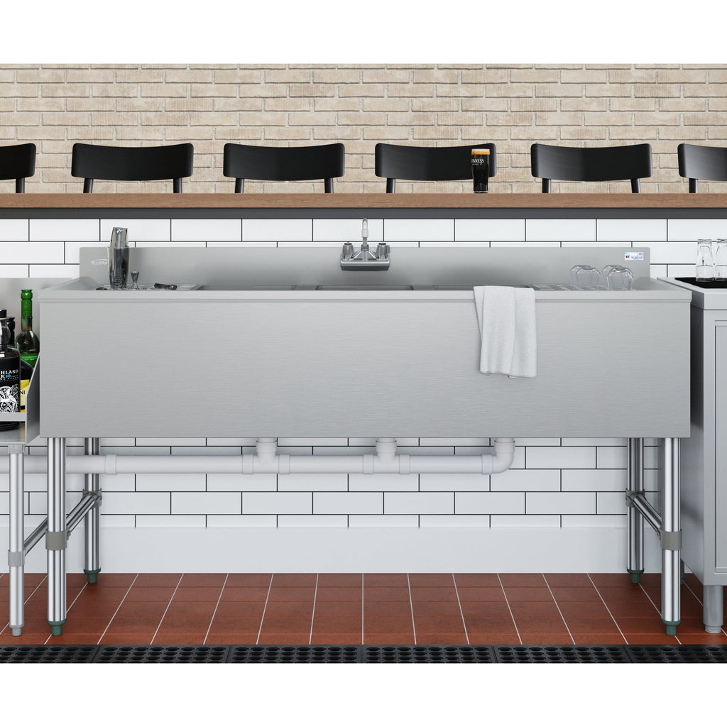 60 in. Three-Compartment Commercial Bar-Sink with 3 in. Backsplash, Dual Drainboards with Low Lead Faucet, NSF Certified in Stainless-Steel