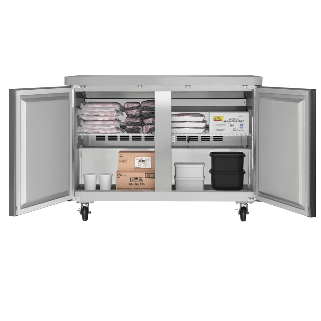 48 in. Two-Door Commercial Undercounter Freezer in Stainless Steel with Casters, ETL Listed