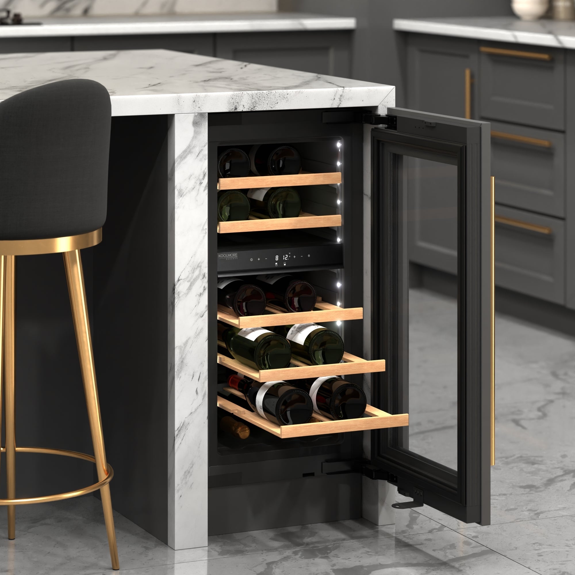 KoolMore Reserve 15 in. Under-Counter Panel Ready Dual Zone Built-in Wine Cooler with 23 Bottle Capacity and Wooden Shelves in Black