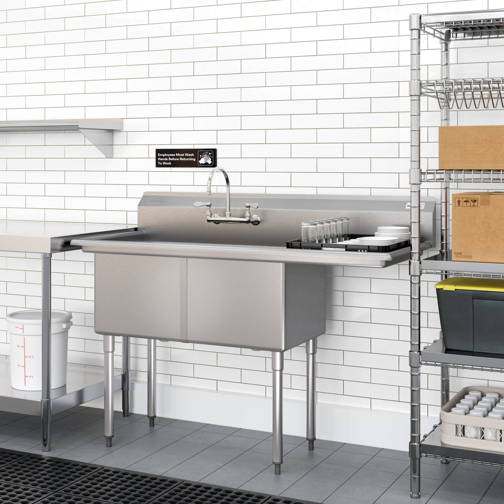 57 in. 18-Gauge 2-Compartment Commercial Sink with Backsplash and 18 in. Right Drainboard, Bowl Dimensions 18"x18"x14" in Stainless-Steel