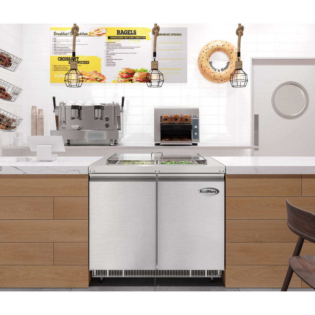 36 in. Commercial Refrigerated Prep Station Cold Table, Stainless-Steel Refrigerator with 6-Pan (Not Included) with Cover Capacity and Two Adjustable Shelves
