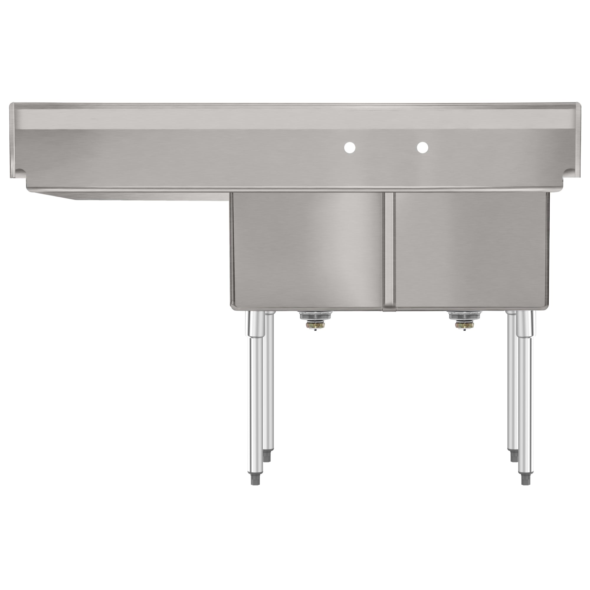 63 in. 18-Gauge 2-Compartment Commercial Sink with Backsplash and 24 in. Right Drainboard, Bowl dimensions 18"x24"x14" in Stainless-Steel