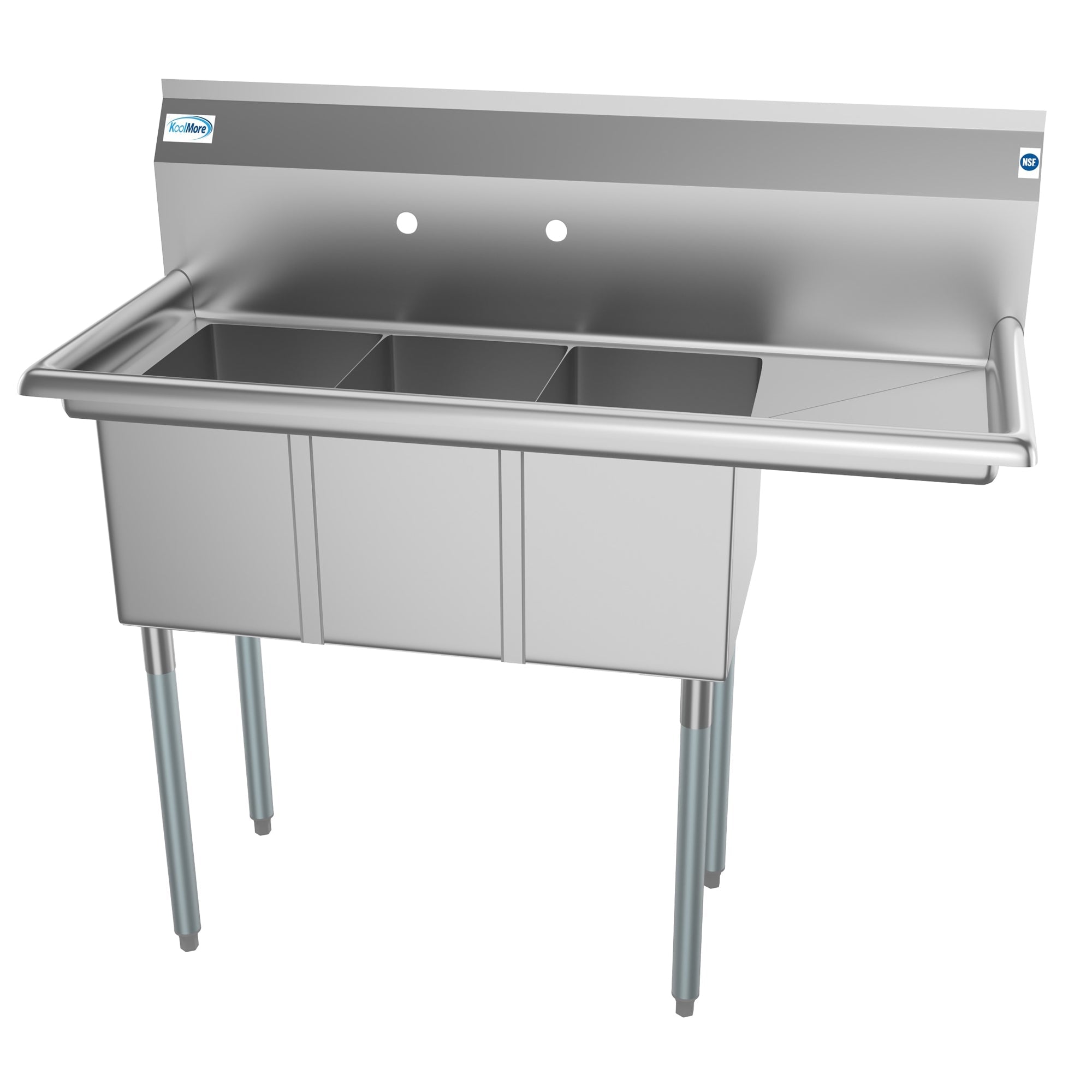 45 in. Three Compartment Stainless Steel Commercial Sink with Drainboard, Bowl Size 10"x 14"x 10"