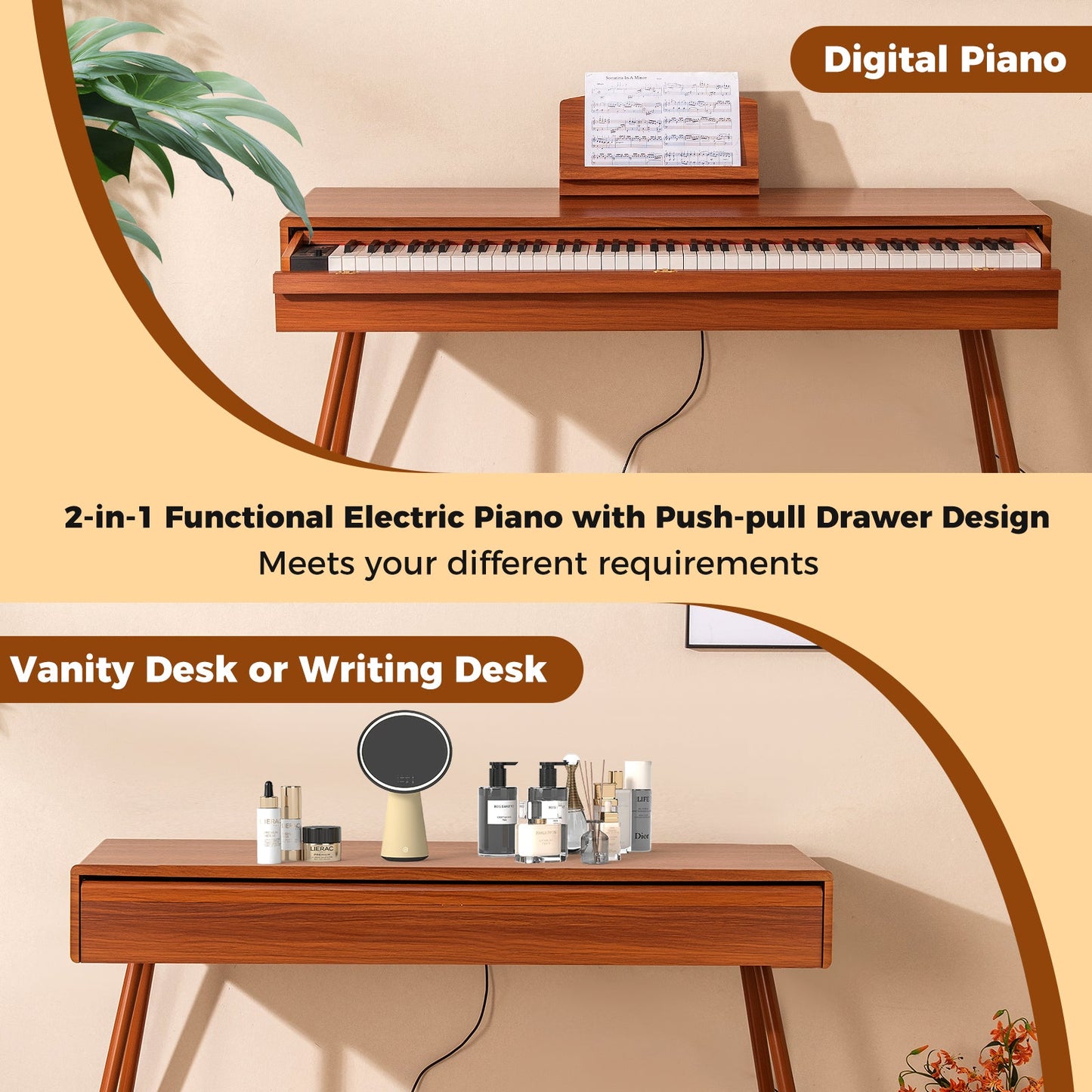Costway 88-Key Graded Hammer Action Weighted Digital Piano Keyboard with Push-Pull Drawer 13722140 New