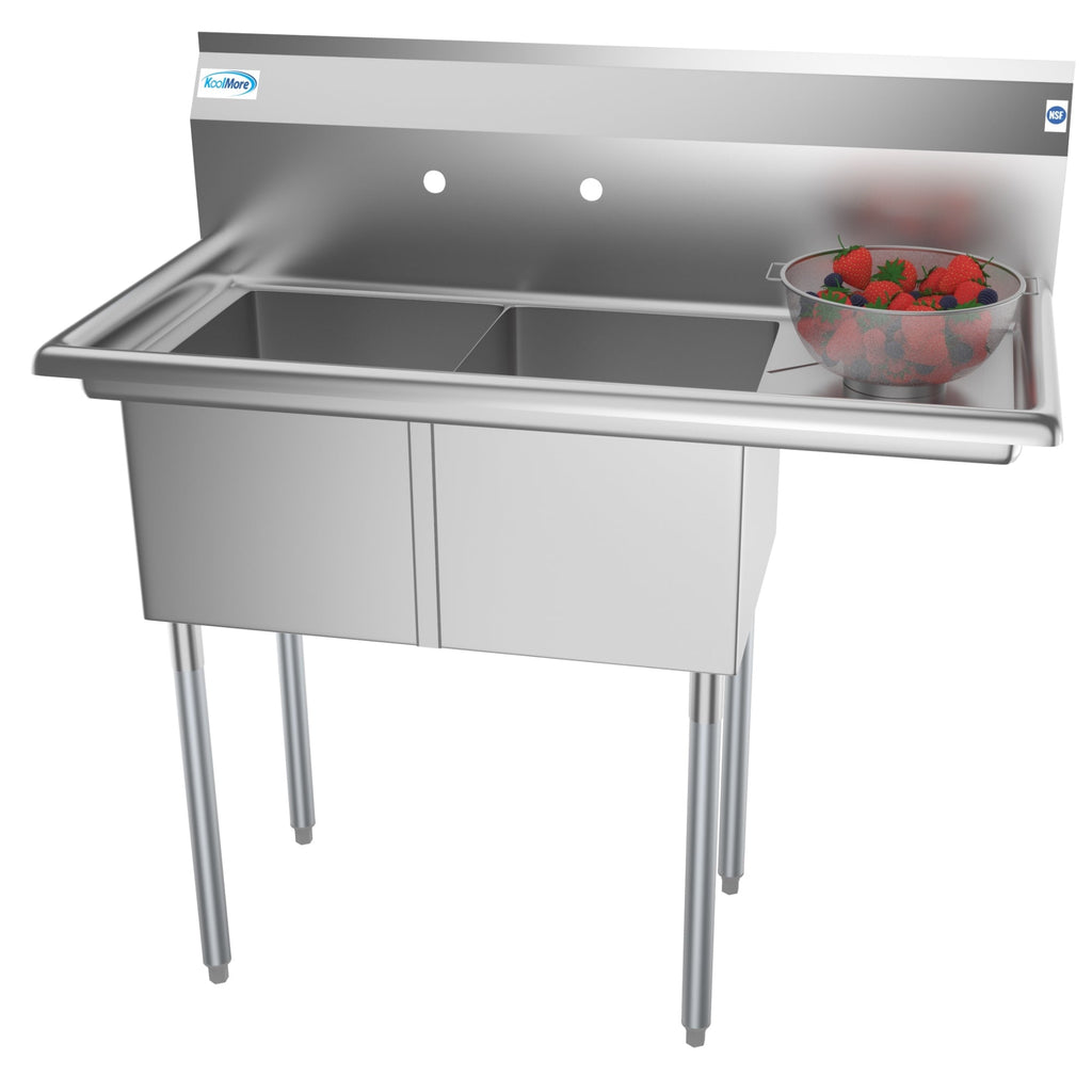 43 in. Two Compartment Stainless Steel Commercial Sink with Drainboard, Bowl Size 14"x 16"x 11"