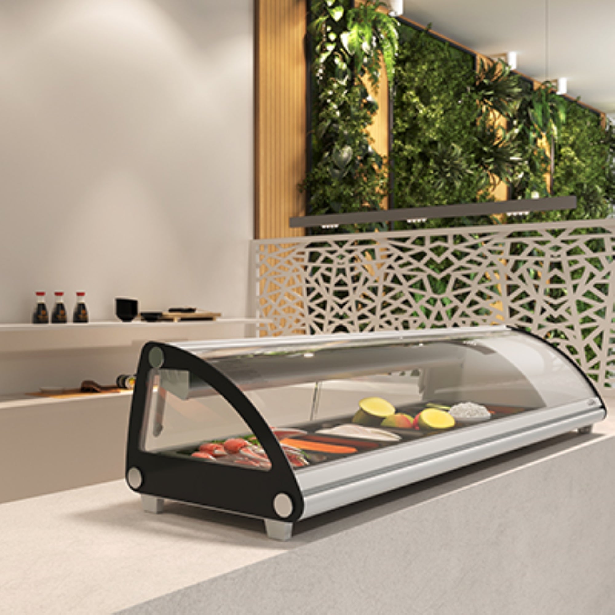 60 in. Glass Sushi Countertop Display Refrigerator with 6 Stainless Steel Trays in White