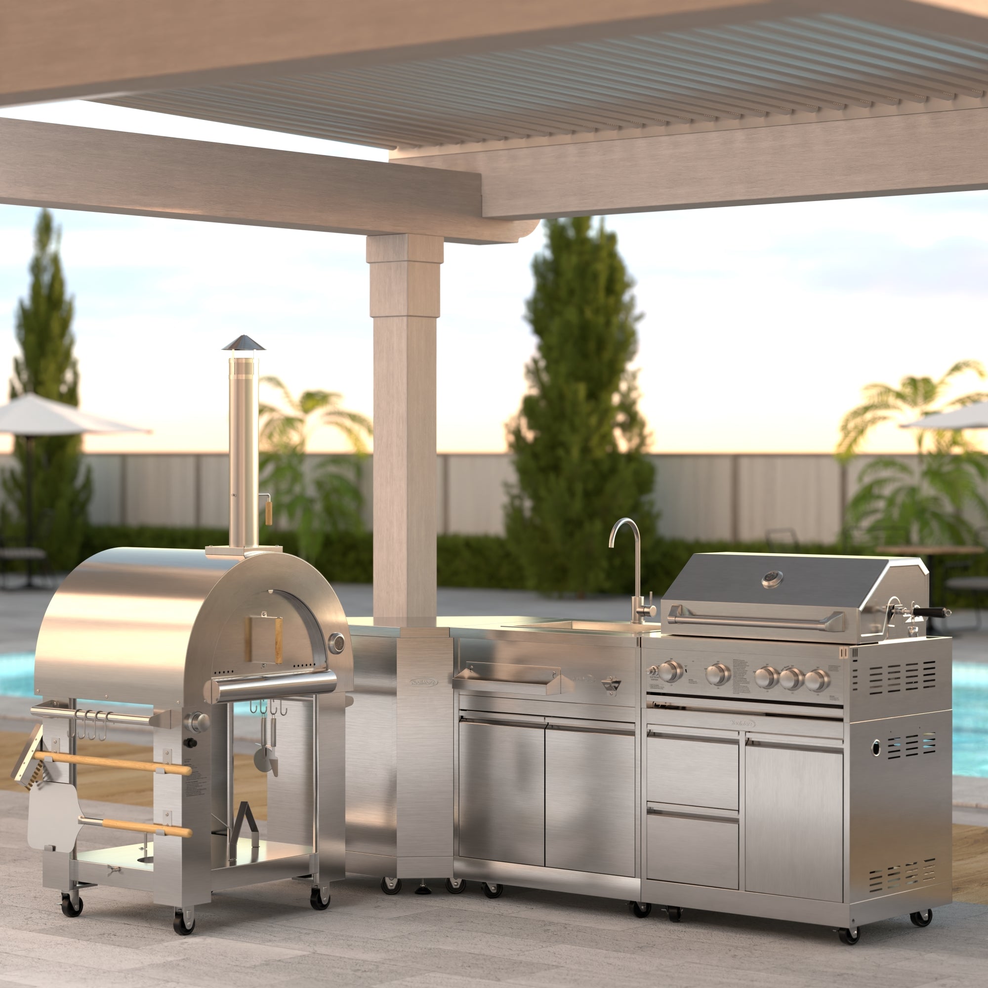KoolMore Outdoor Kitchen Series Modular Kitchen with a Dual Fuel Pizza Oven, Corner Cabinet, Sink, 30 in. BBQ Grill and Cabinet in Stainless-Steel