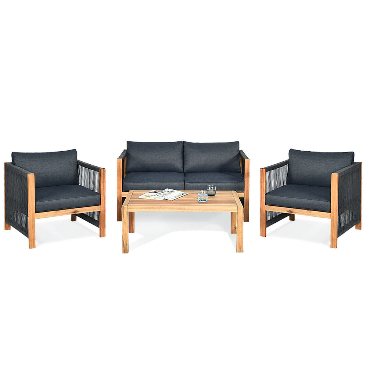 Costway 8-Pc Outdoor Patio Furniture Set w/ Solar Umbrella Bistro Conversation Chaise Swing Chair Dining Set 89874945 New