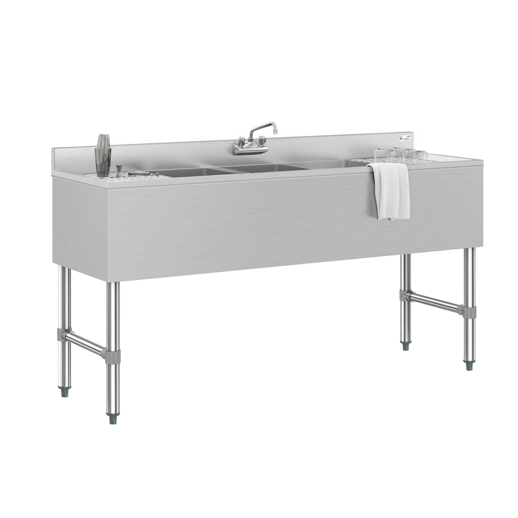60 in. Three-Compartment Commercial Bar-Sink with 3 in. Backsplash, Dual Drainboards with Low Lead Faucet, NSF Certified in Stainless-Steel