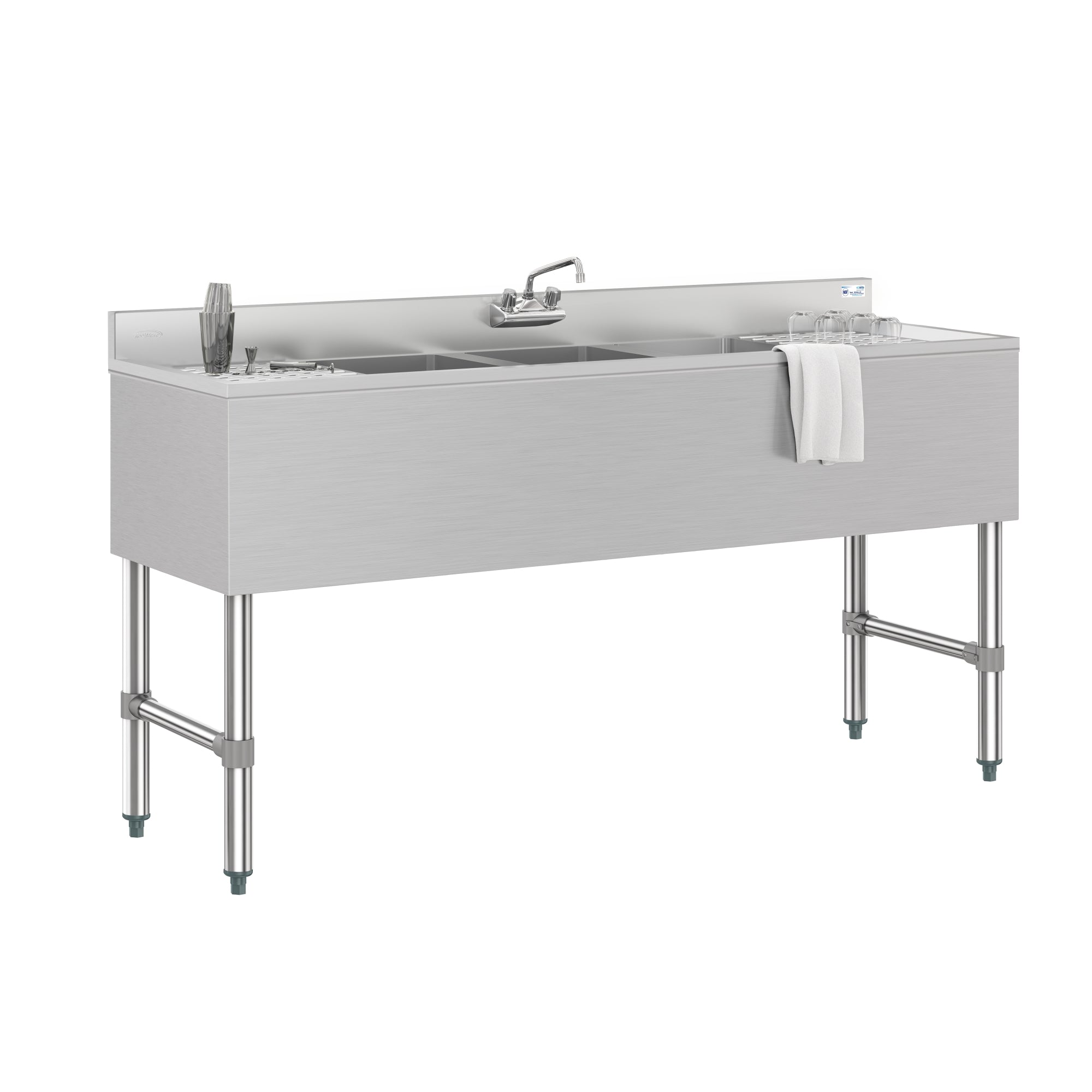 60 in. Three-Compartment Commercial Bar-Sink with 3 in. Backsplash, Dual Drainboards with Low Lead Faucet, NSF Certified in Stainless-Steel