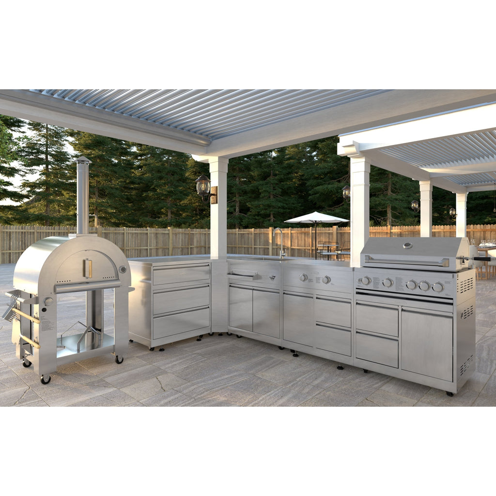 KoolMore Outdoor Kitchen Series Modular Kitchen with a Dual Fuel Pizza Oven, 3 Drawer Cabinet, Corner Cabinet, Sink, Side Buner, 30 in. BBQ Grill and Cabinet in Stainless-Steel