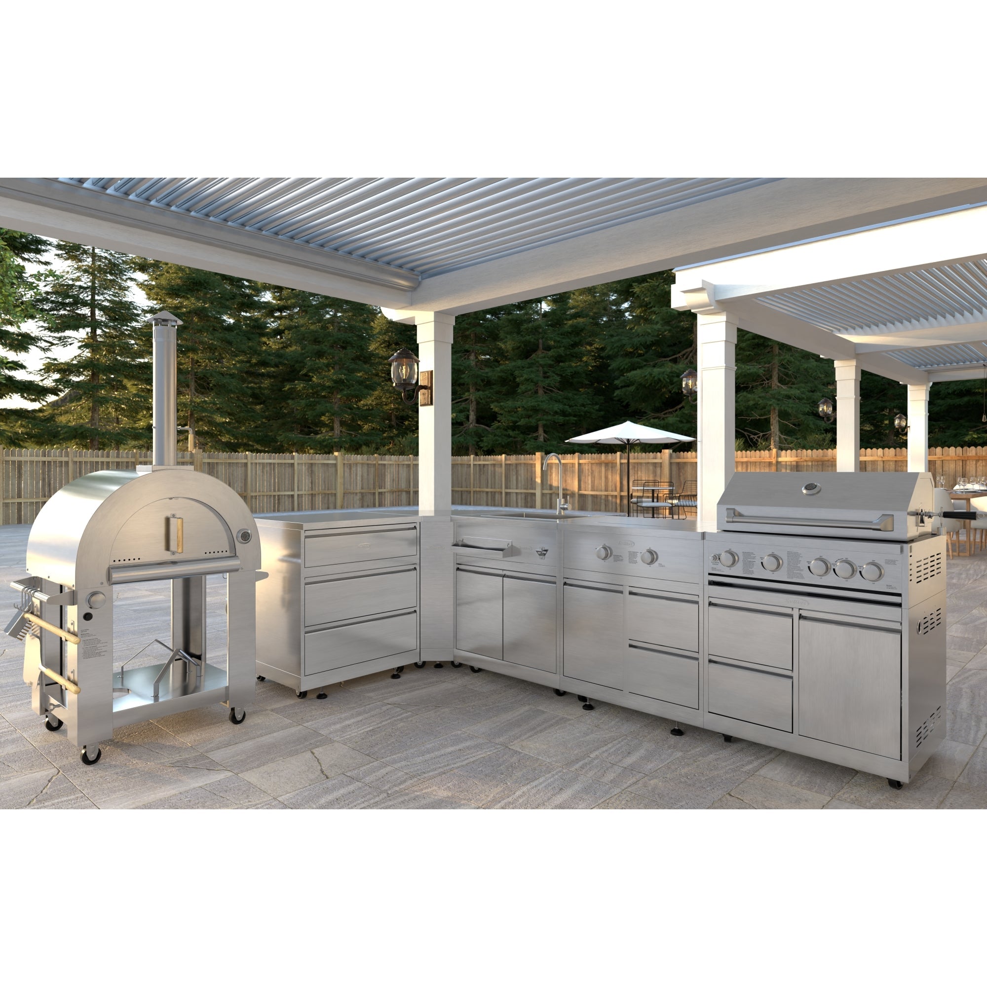 KoolMore Outdoor Kitchen Series Modular Kitchen with a Dual Fuel Pizza Oven, 3 Drawer Cabinet, Corner Cabinet, Sink, Side Buner, 30 in. BBQ Grill and Cabinet in Stainless-Steel