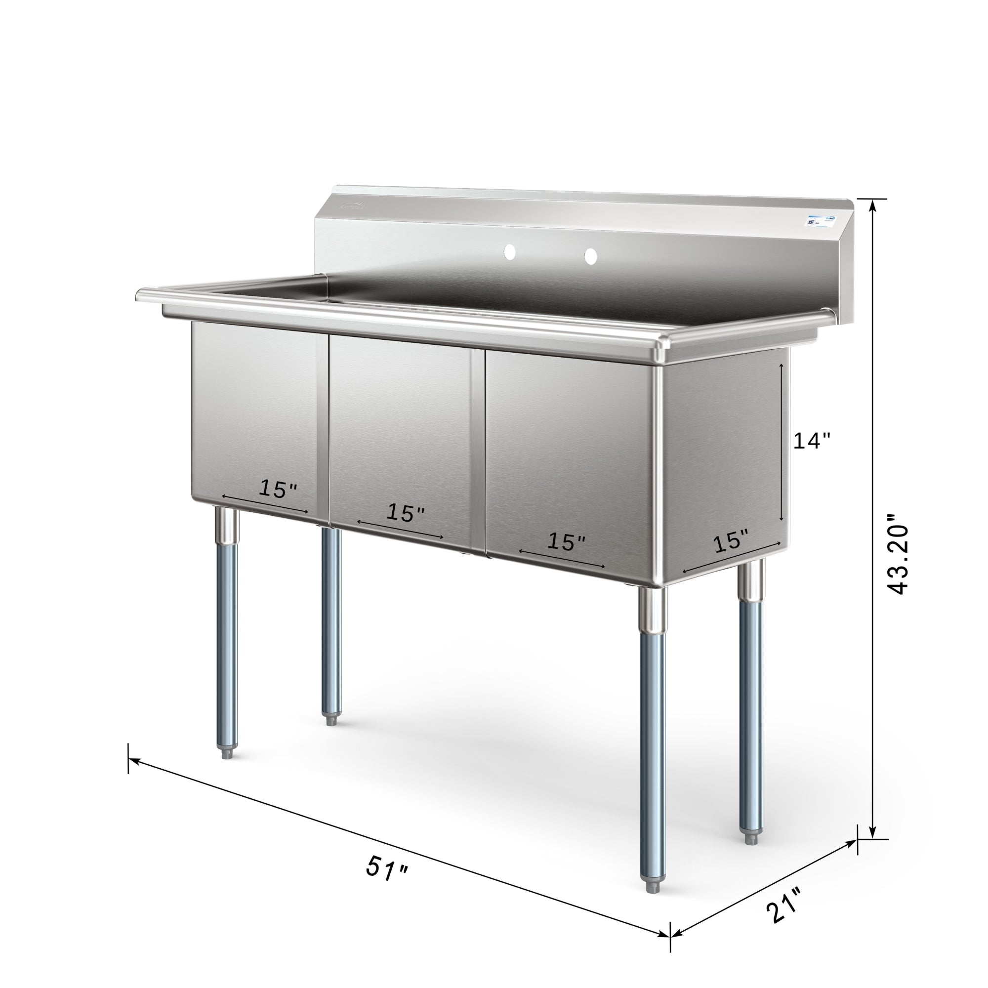 60 in. Three Compartment Commercial Sink Bowl Size 18x18x14 Stainless-Steel 18 Gauge