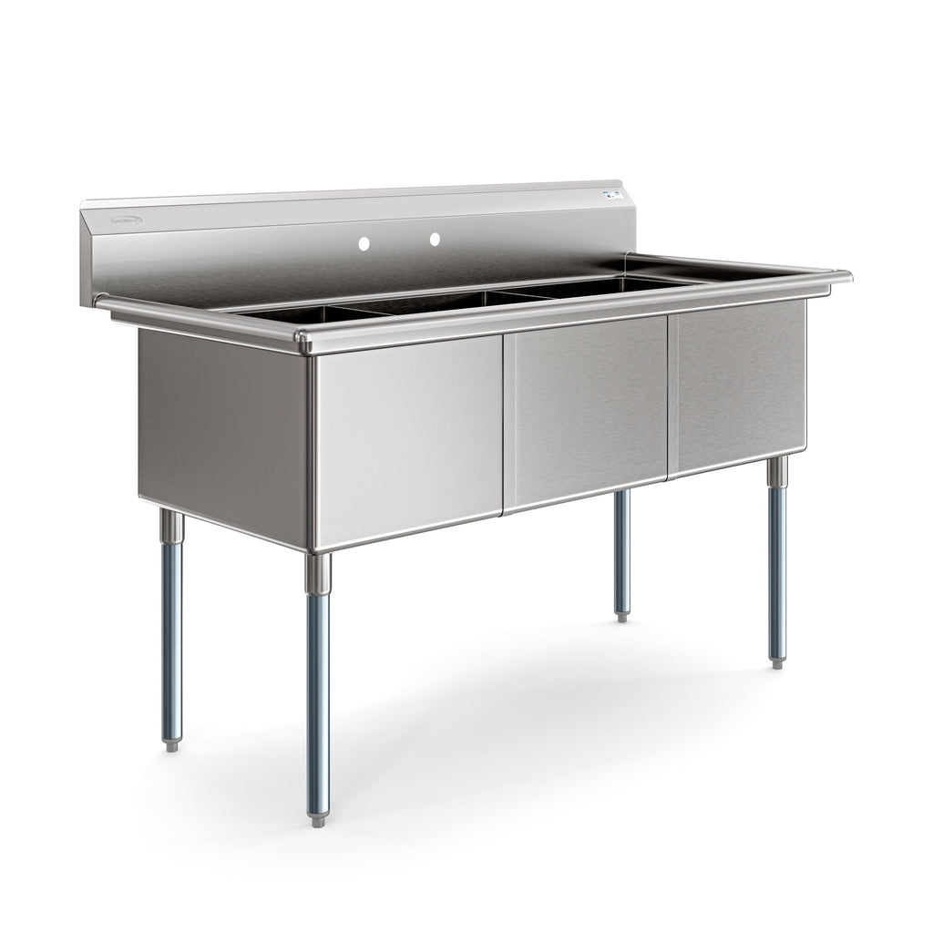 60 in. Three Compartment Commercial Sink, Bowl Size 18x24x14 in 18-Gauge Stainless-Steel