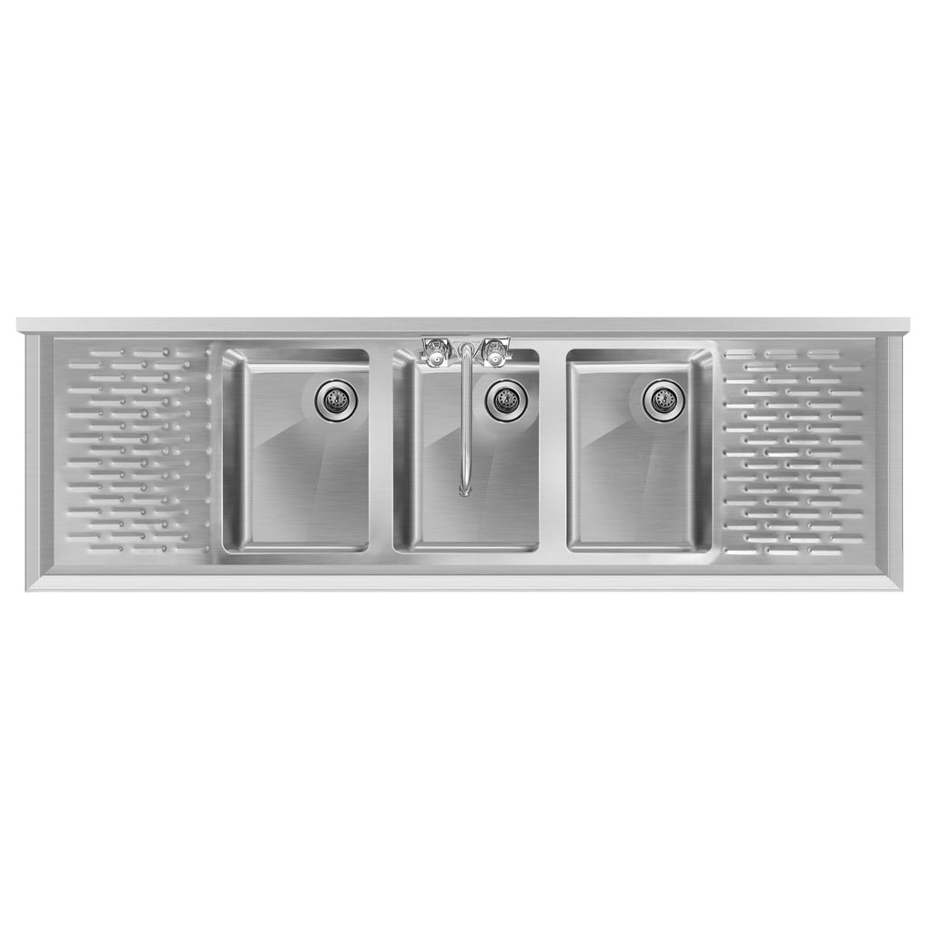 60 in. Three-Compartment Commercial Bar-Sink with 3 in. Backsplash, Dual Drainboards with Low Lead Faucet, NSF Certified in Stainless-Steel