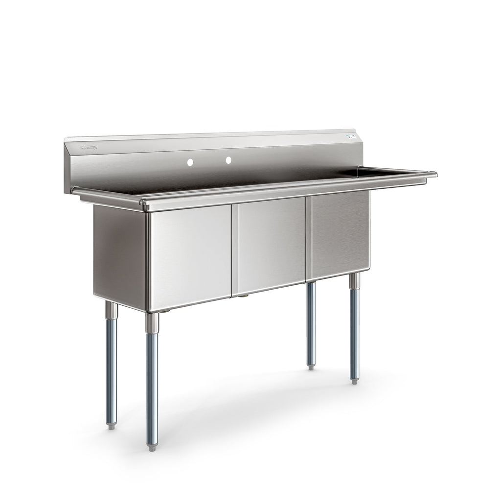 63 in. Three Compartment Commercial Sink, Bowl Size 15x15x14, 18-Gauge Stainless-Steel with Right Drainboard