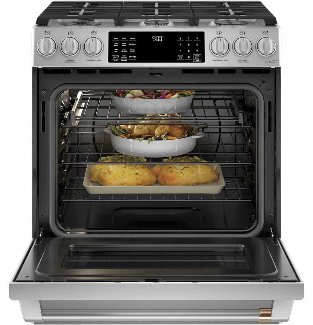 CAFÉ™ 30" Smart Slide-In, Front-Control, Dual-Fuel Range with Warming Drawer