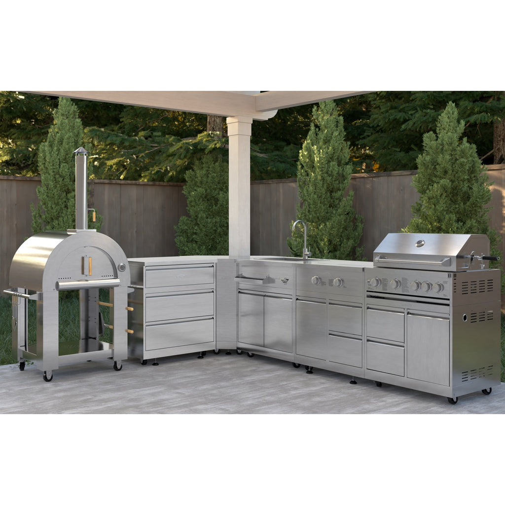 KoolMore Outdoor Kitchen Series Modular Kitchen with a Wood fire Pizza Oven, 3 Drawer Cabinet, Corner Cabinet, Sink, Side Buner, 30 in. BBQ Grill and Cabinet in Stainless-Steel
