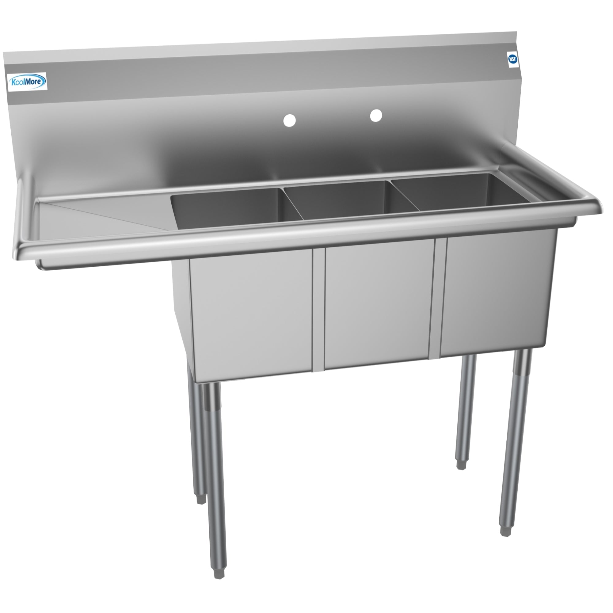 45 in. Three Compartment Stainless Steel Commercial Sink with Drainboard, Bowl Size 10"x 14"x 10"