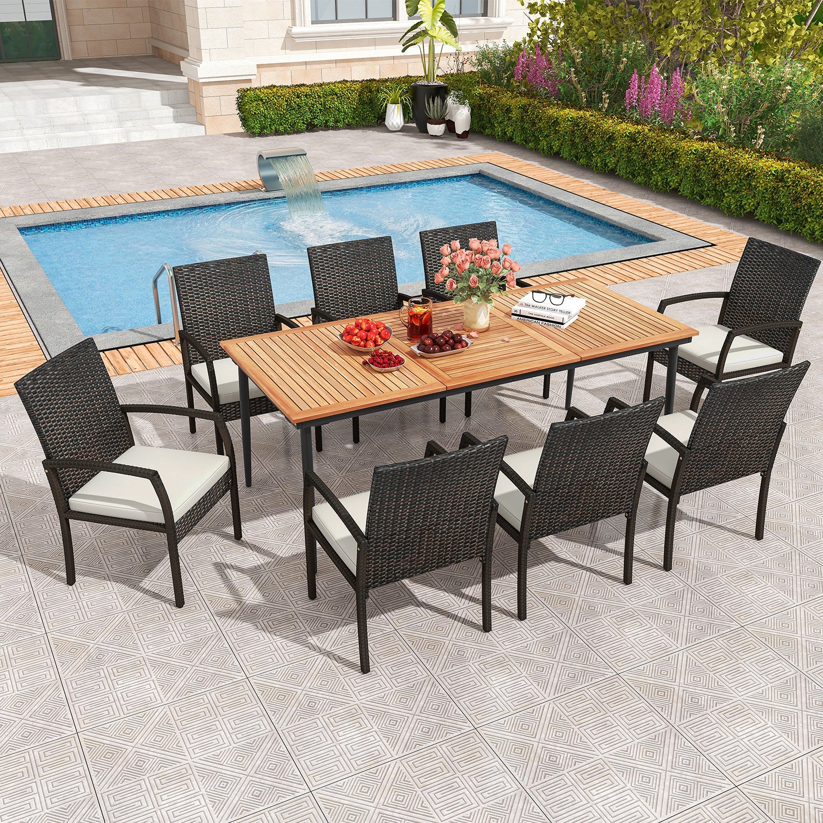 Costway 9-Piece Patio Dining Set w/ Umbrella Hole & 8 Rattan Dining Chairs Cushions 76345892 New
